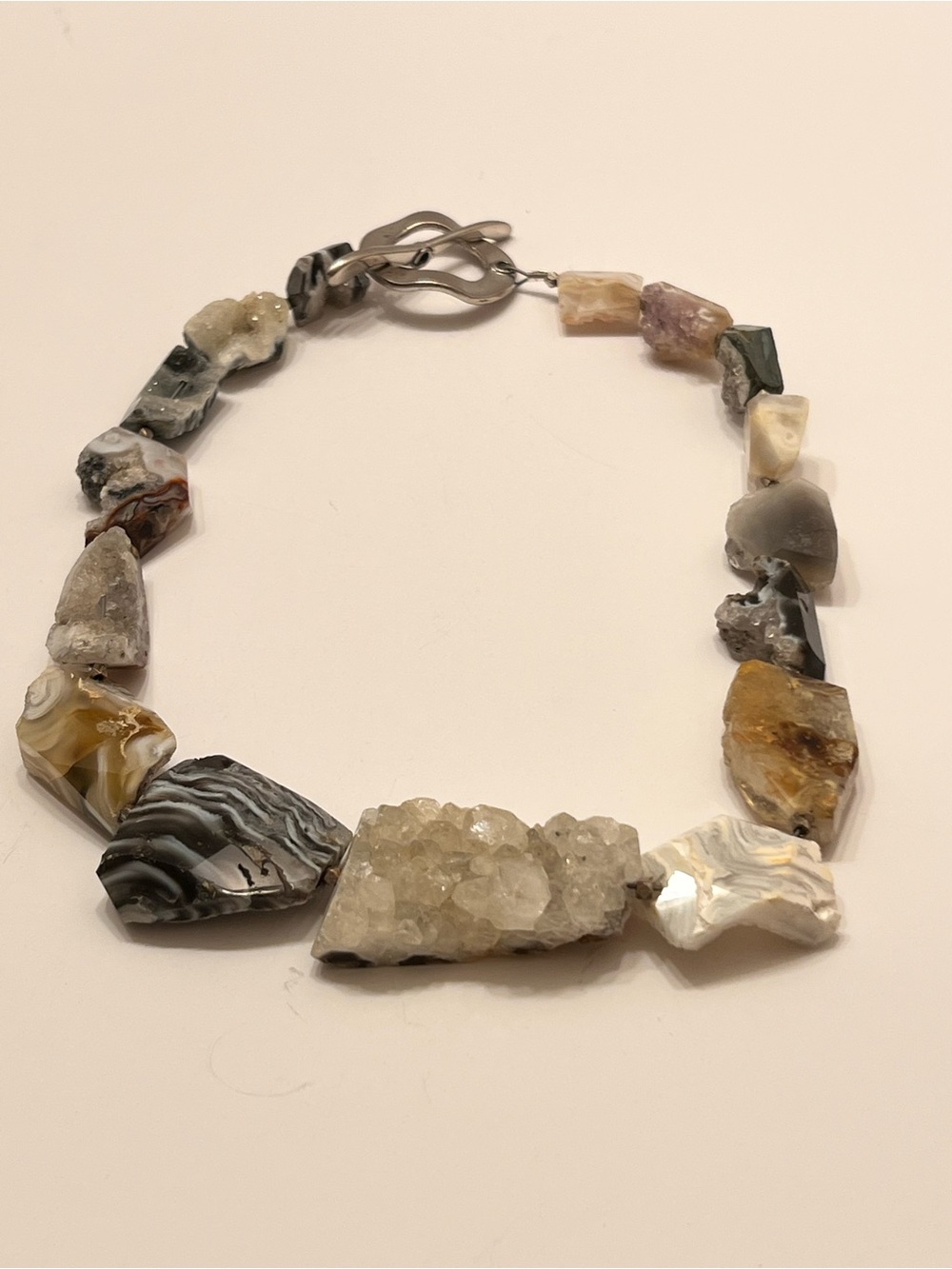 Organic Raw Agate & Quartz Necklace in Cream and Gray